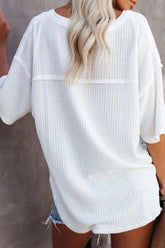 Exposed Seam Half Sleeve Knitted V Neck Textured Top OutfitFlow